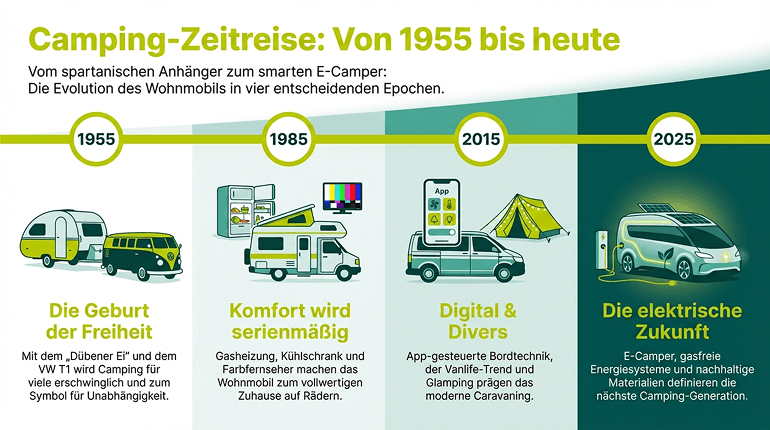 Infografik zur Evolution des Wohnmobils: von 1955 bis zur E-Camper-Zukunft 2025.
