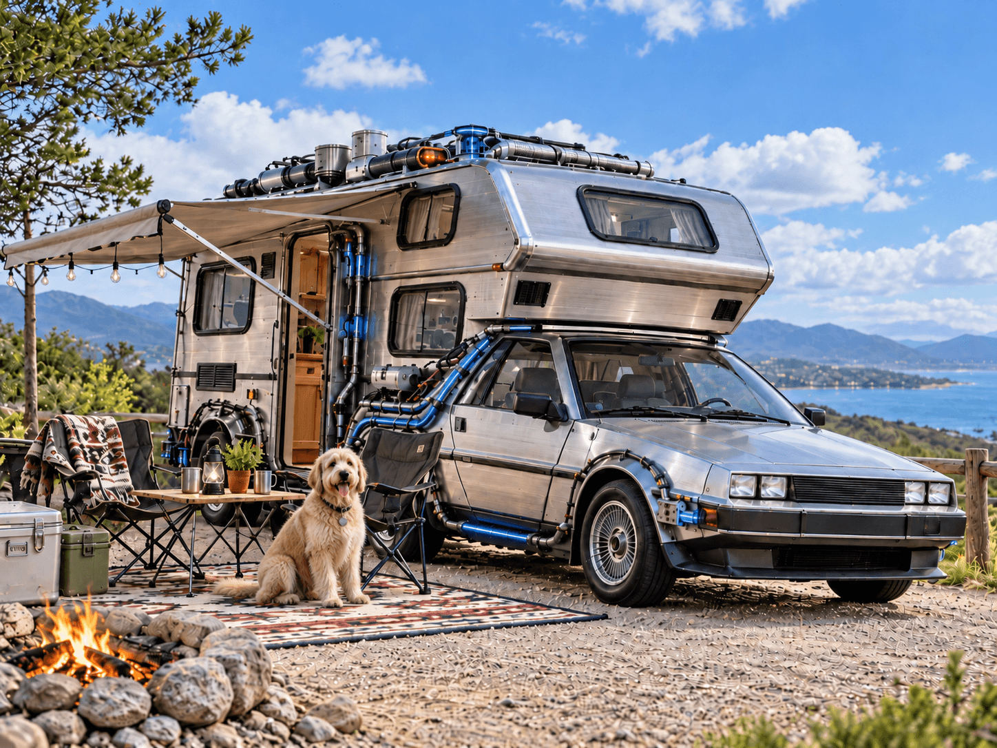 Fiktives DeLorean-Wohnmobil am See mit ausgefahrener Markise, Campingstühlen und einem Hund.