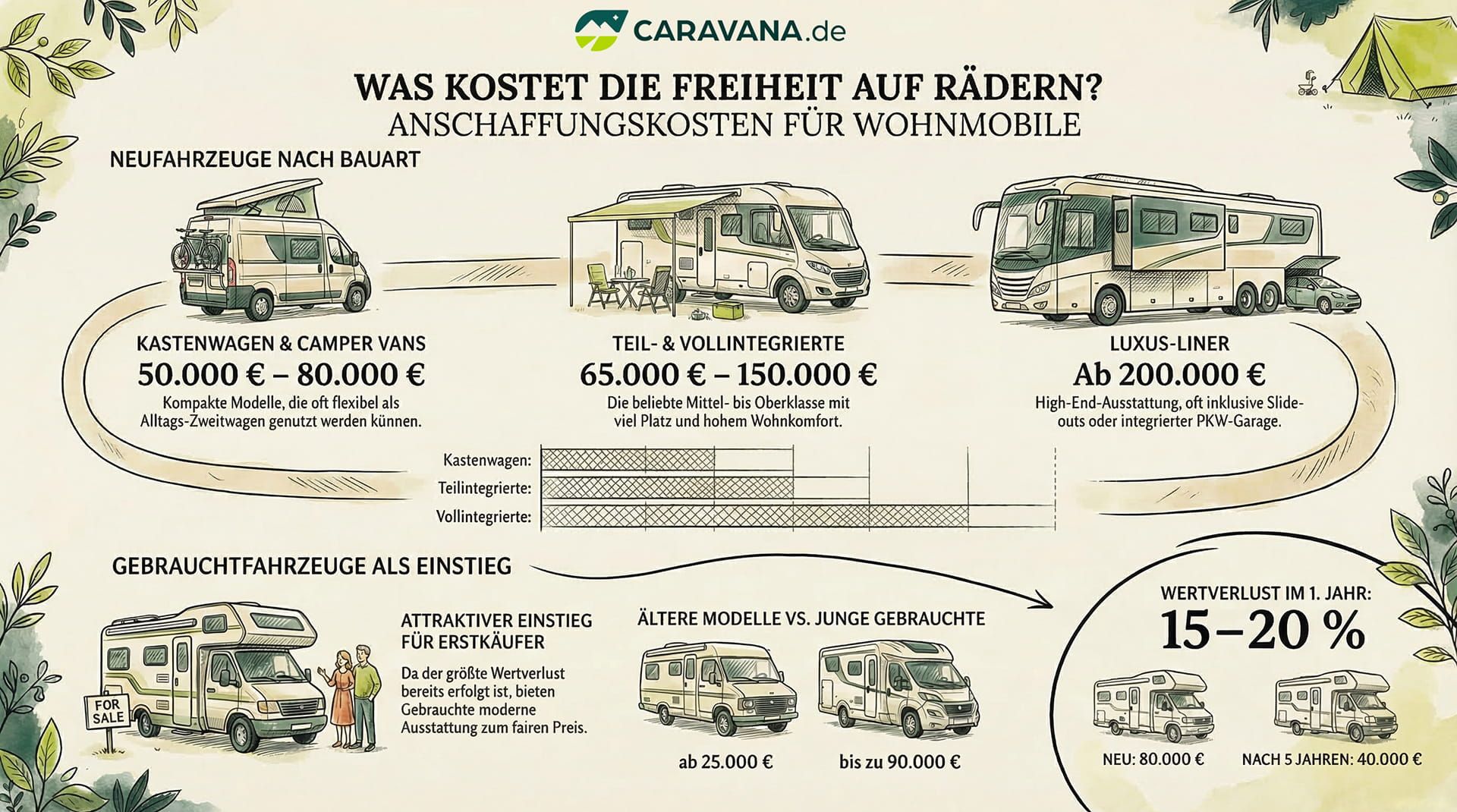 Infografik: Anschaffungskosten für Wohnmobile – Kastenwagen und Camper Vans 50.000 bis 80.000 €, Teil- und Vollintegrierte 65.000 bis 150.000 €, Luxus-Liner ab 200.000 €, dazu Gebrauchtpreise und Wertverlust im ersten Jahr von 15 bis 20 %