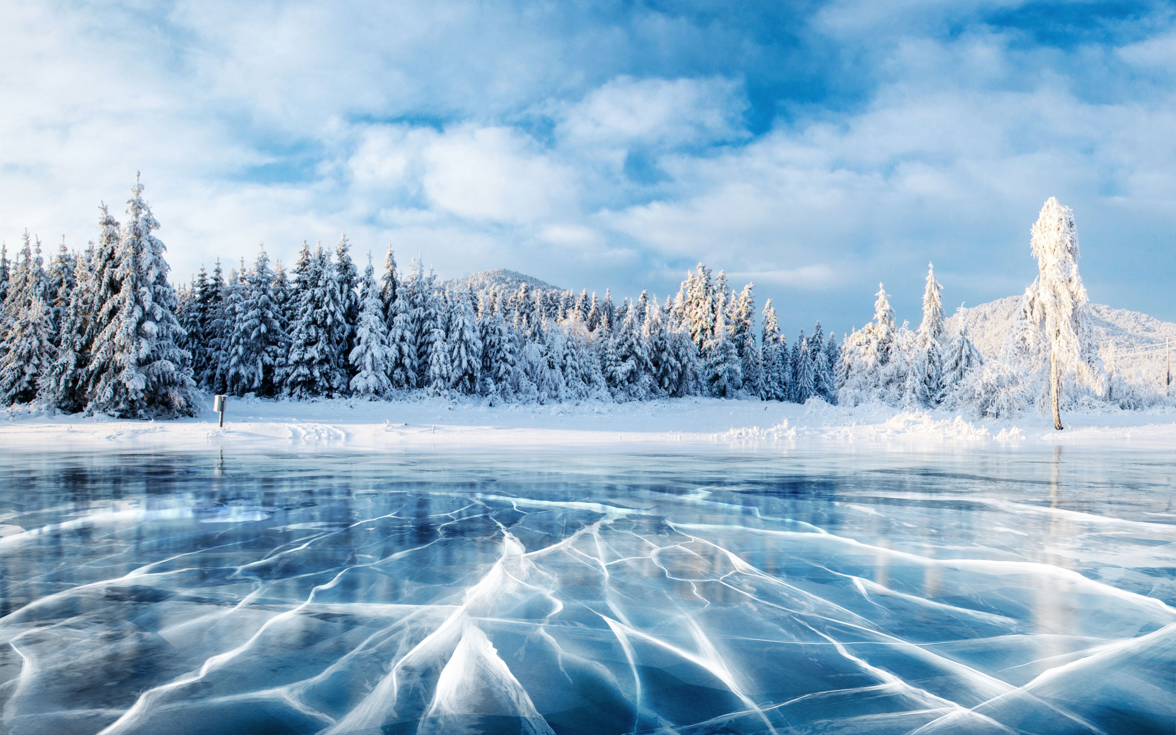 Zugefrorener See mit weißen Eisrissen, dahinter verschneite Tannen unter blauem Himmel