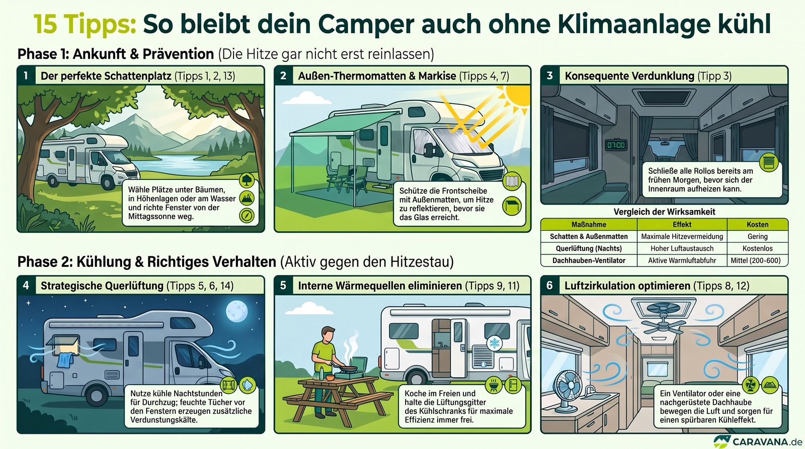 Infografik: 15 Tipps, wie der Camper auch ohne Klimaanlage kühl bleibt