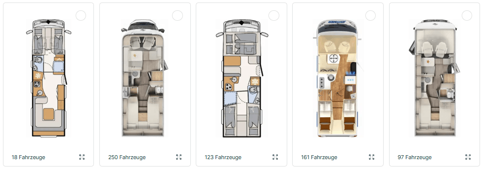 Fünf beliebte Grundrisse mit Hubbett – Queensbett, Einzelbetten und Face-to-Face-Sitzgruppe im Vergleich