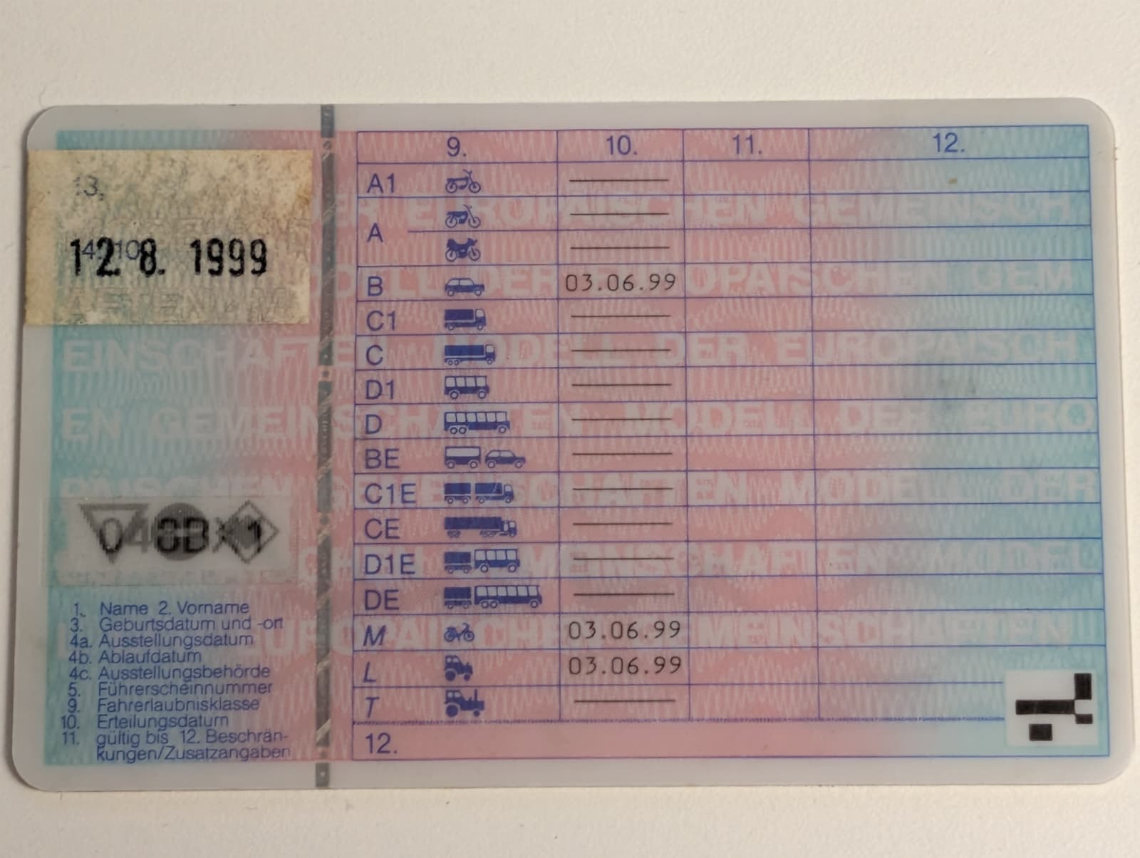 EU-Kartenführerschein mit den eingetragenen Klassen B, M und L
