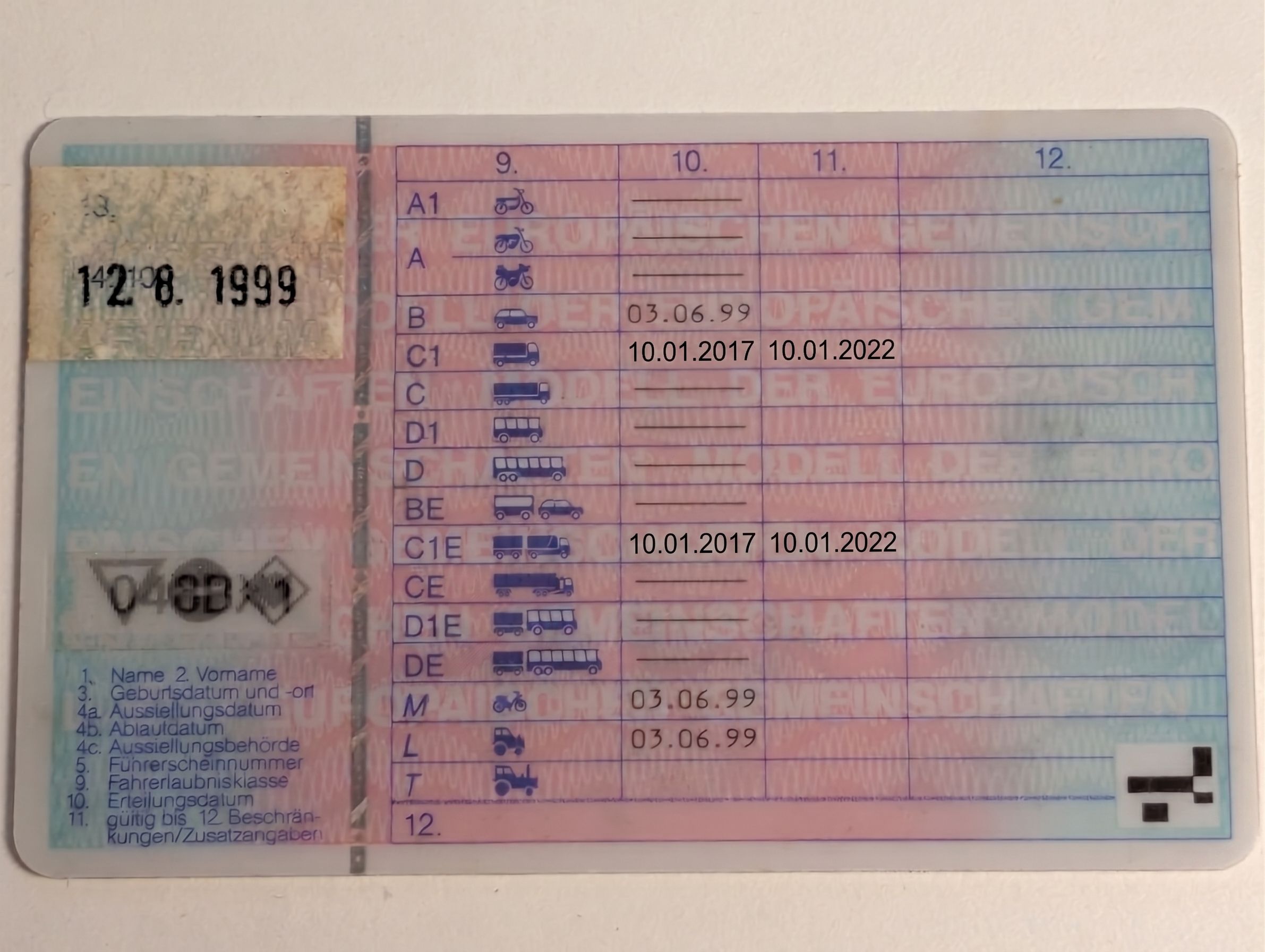 EU-Kartenführerschein mit den eingetragenen Klassen C1 und C1E