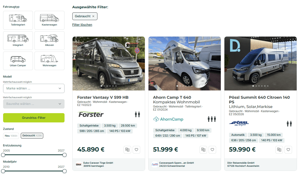Screenshot der Gebraucht-Suche auf CARAVANA.de mit Filtern und drei gebrauchten Wohnmobil-Angeboten